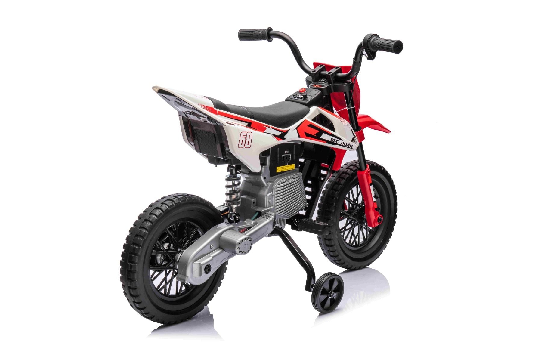 MOTOCROSS électrique pour enfants, Rouge, Batterie 12V, Roues souples EVA, Siège en cuir, Moteur 2 x 25W, Suspension, Cadre en métal, Lecteur MP3 avec Bluetooth, roues auxiliaires
