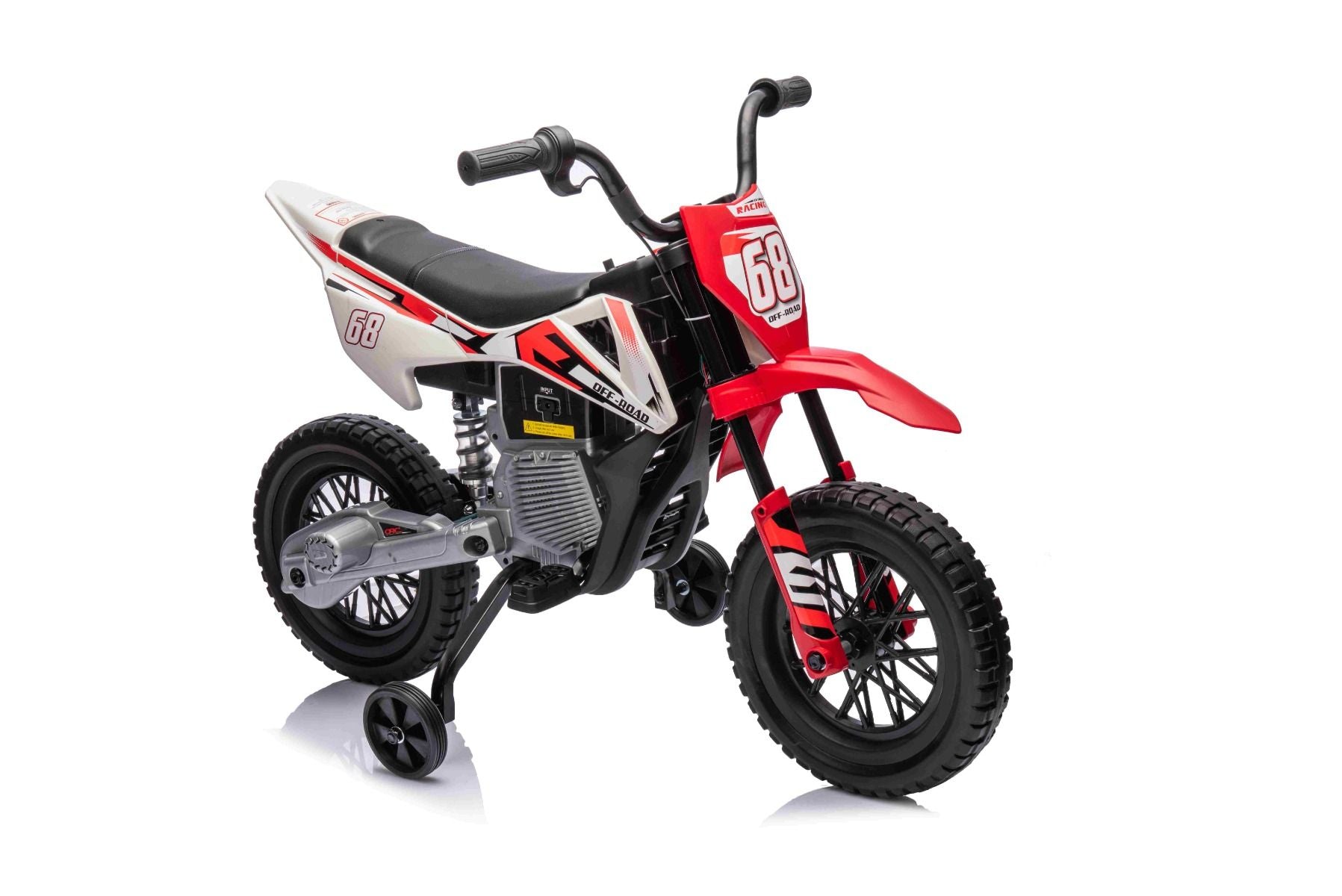 MOTOCROSS électrique pour enfants, Rouge, Batterie 12V, Roues souples EVA, Siège en cuir, Moteur 2 x 25W, Suspension, Cadre en métal, Lecteur MP3 avec Bluetooth, roues auxiliaires