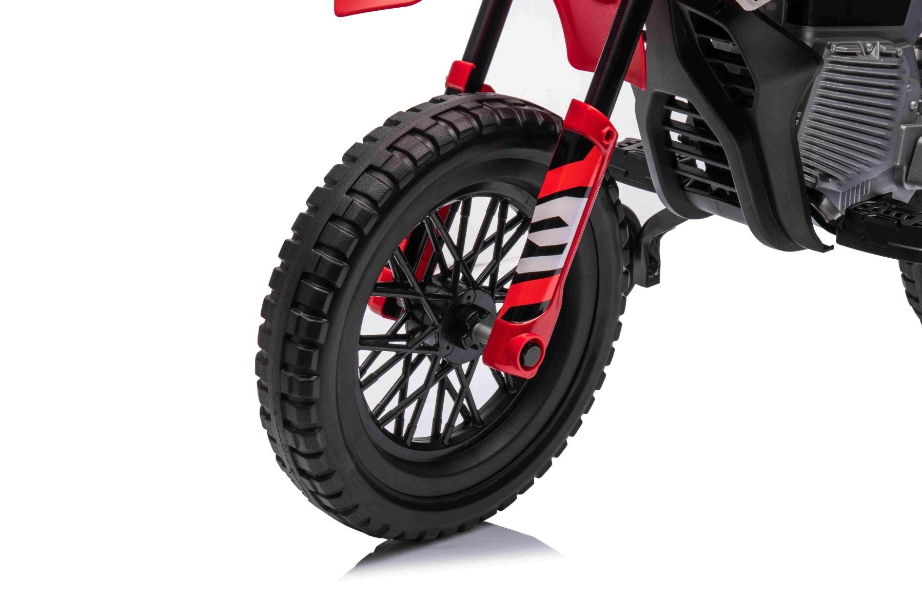 MOTOCROSS électrique pour enfants, Rouge, Batterie 12V, Roues souples EVA, Siège en cuir, Moteur 2 x 25W, Suspension, Cadre en métal, Lecteur MP3 avec Bluetooth, roues auxiliaires