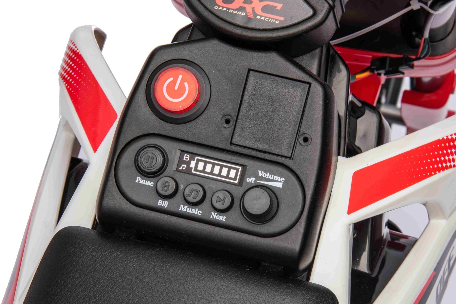 MOTOCROSS électrique pour enfants, Rouge, Batterie 12V, Roues souples EVA, Siège en cuir, Moteur 2 x 25W, Suspension, Cadre en métal, Lecteur MP3 avec Bluetooth, roues auxiliaires