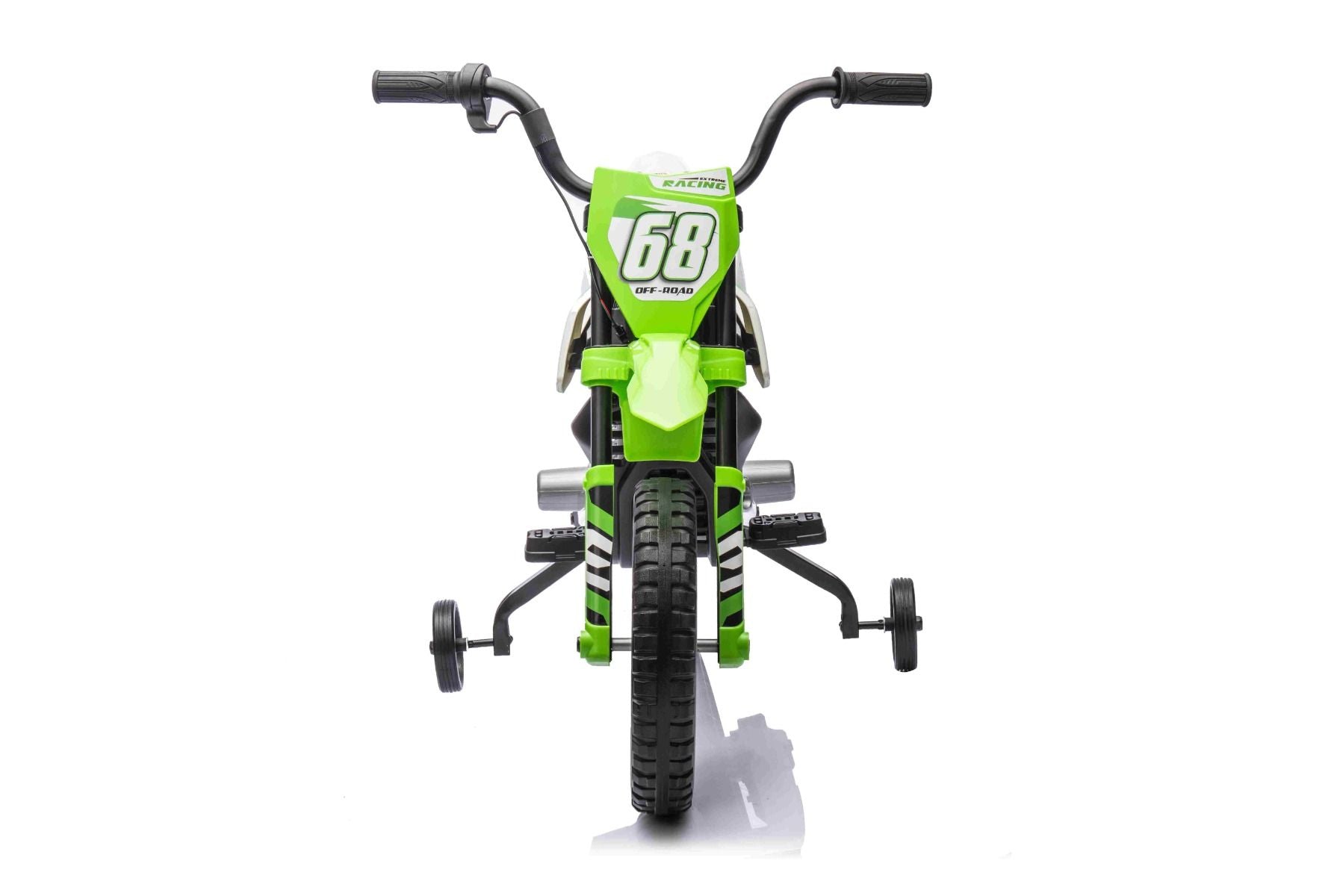 MOTOCROSS électrique pour enfants, Verte, Batterie 12V, Roues souples EVA, Siège en cuir, Moteur 2 x 25W, Suspension, Cadre en métal, Lecteur MP3 avec Bluetooth, roues auxiliaires