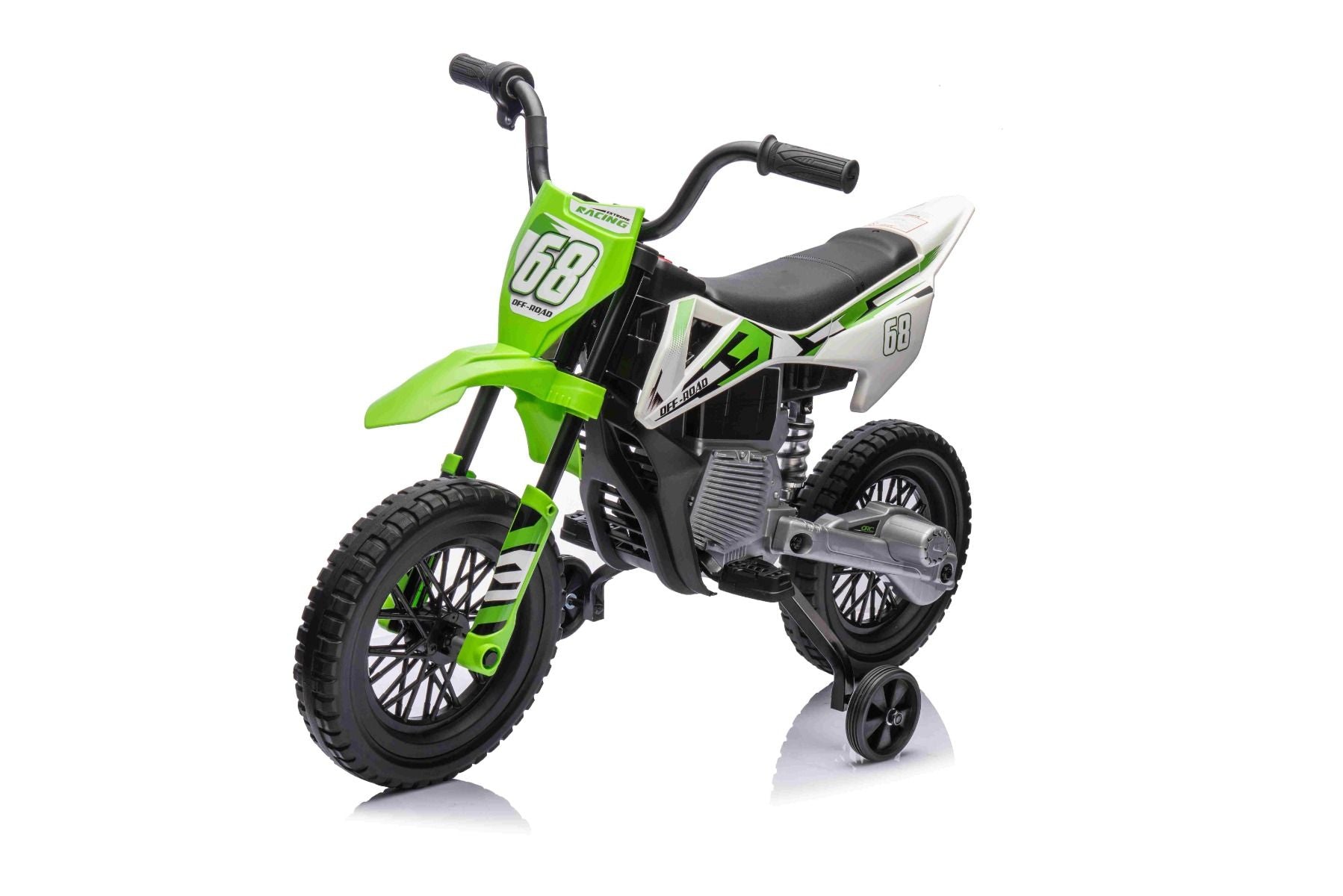 MOTOCROSS électrique pour enfants, Verte, Batterie 12V, Roues souples EVA, Siège en cuir, Moteur 2 x 25W, Suspension, Cadre en métal, Lecteur MP3 avec Bluetooth, roues auxiliaires