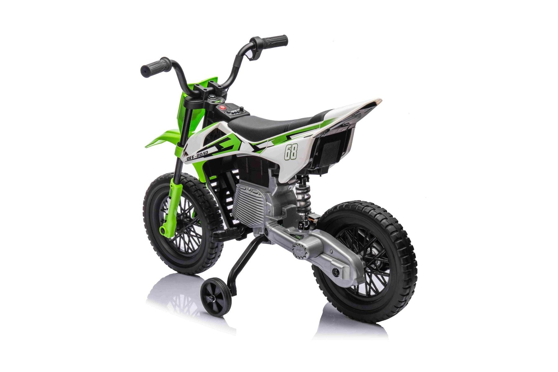 MOTOCROSS électrique pour enfants, Verte, Batterie 12V, Roues souples EVA, Siège en cuir, Moteur 2 x 25W, Suspension, Cadre en métal, Lecteur MP3 avec Bluetooth, roues auxiliaires