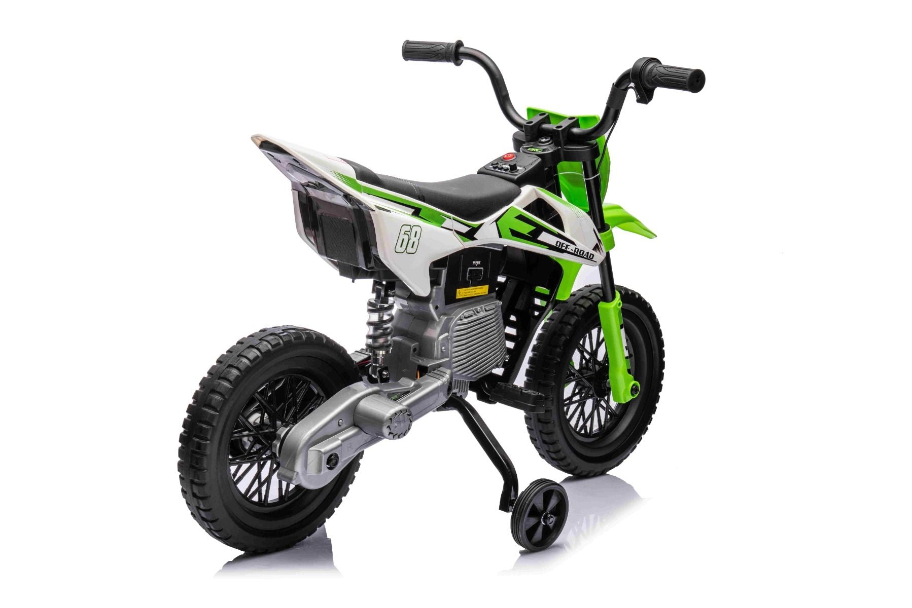 MOTOCROSS électrique pour enfants, Verte, Batterie 12V, Roues souples EVA, Siège en cuir, Moteur 2 x 25W, Suspension, Cadre en métal, Lecteur MP3 avec Bluetooth, roues auxiliaires