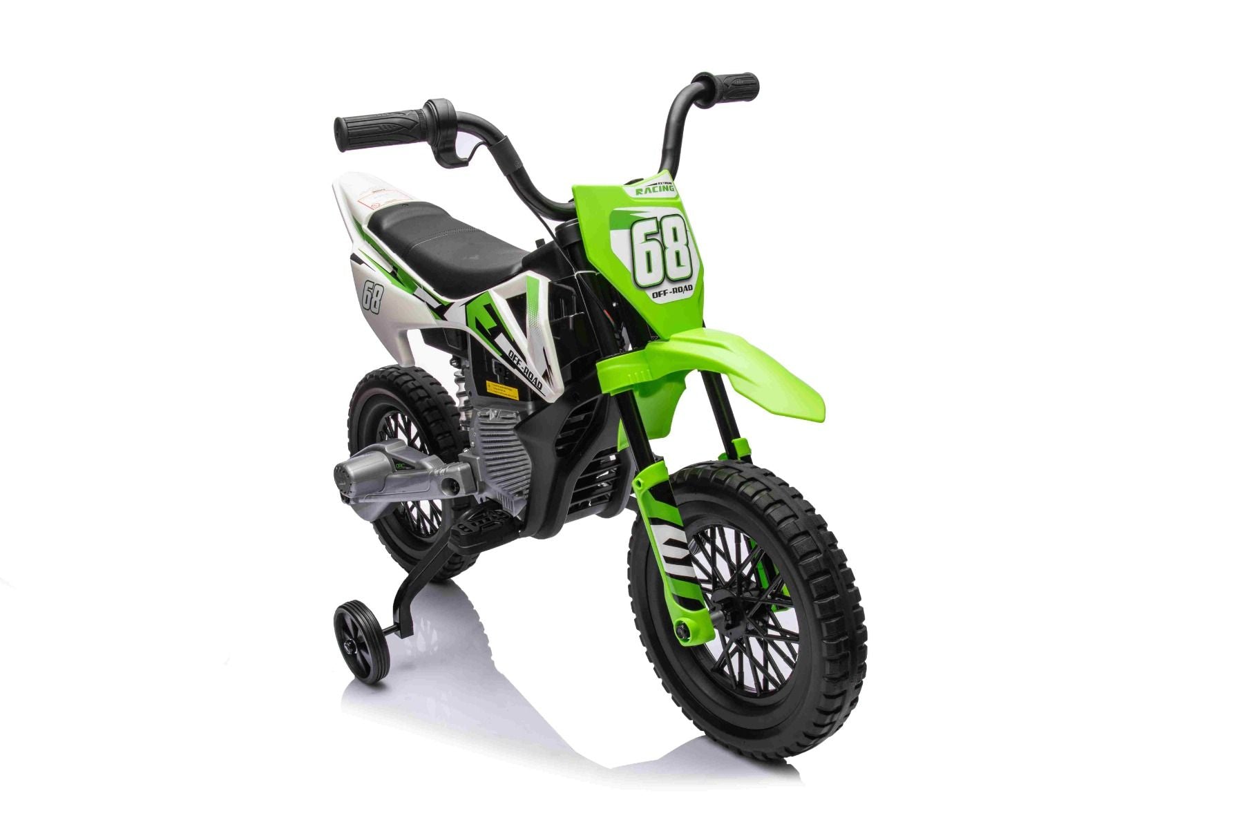 MOTOCROSS électrique pour enfants, Verte, Batterie 12V, Roues souples EVA, Siège en cuir, Moteur 2 x 25W, Suspension, Cadre en métal, Lecteur MP3 avec Bluetooth, roues auxiliaires
