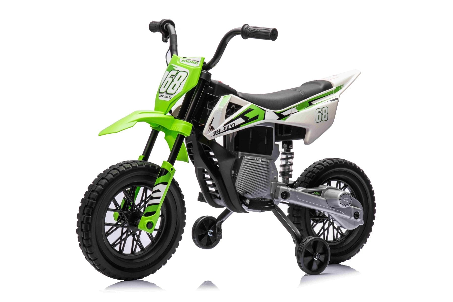 MOTOCROSS électrique pour enfants, Verte, Batterie 12V, Roues souples EVA, Siège en cuir, Moteur 2 x 25W, Suspension, Cadre en métal, Lecteur MP3 avec Bluetooth, roues auxiliaires