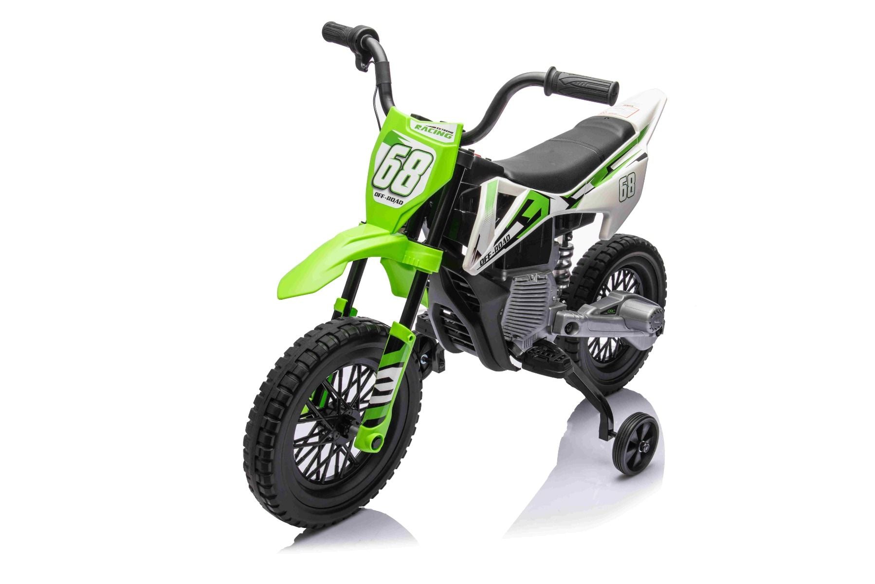 MOTOCROSS électrique pour enfants, Verte, Batterie 12V, Roues souples EVA, Siège en cuir, Moteur 2 x 25W, Suspension, Cadre en métal, Lecteur MP3 avec Bluetooth, roues auxiliaires