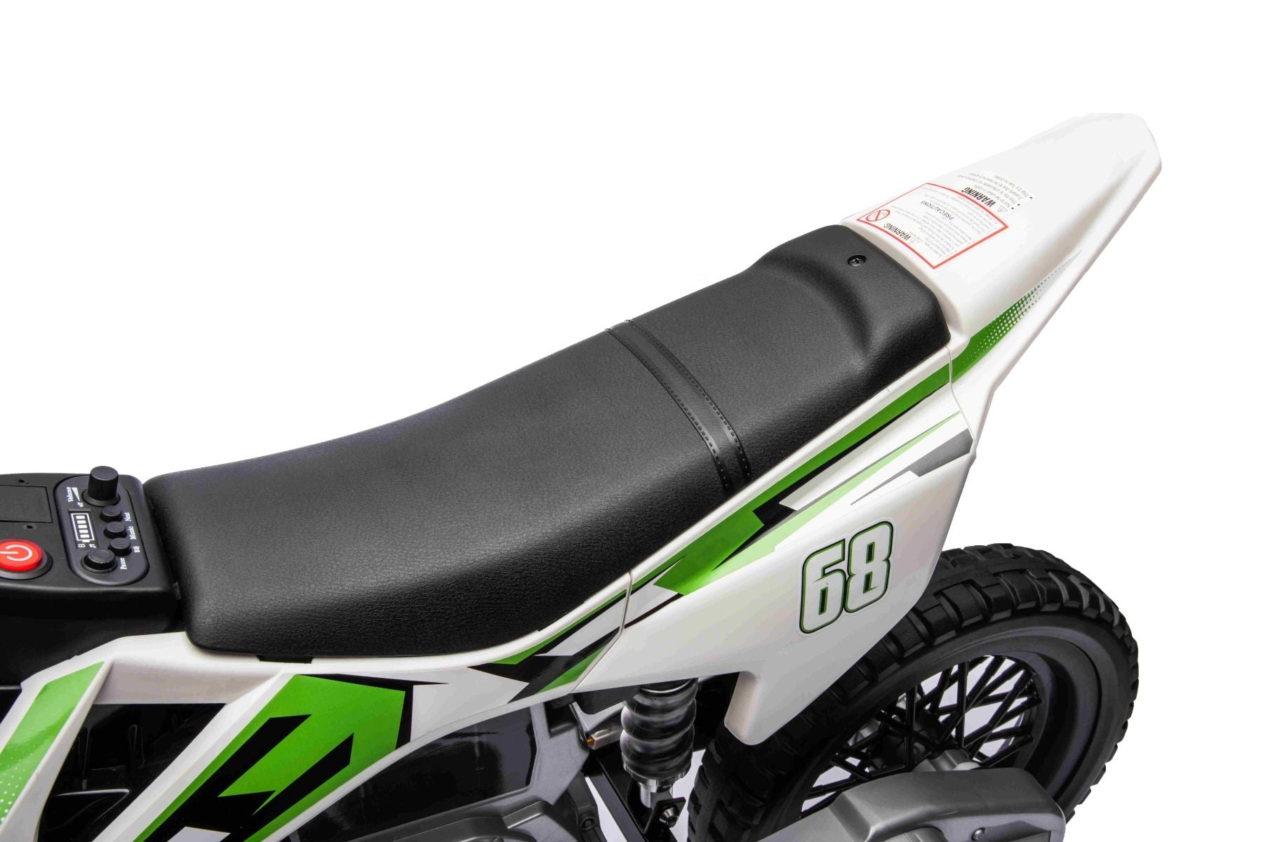 MOTOCROSS électrique pour enfants, Verte, Batterie 12V, Roues souples EVA, Siège en cuir, Moteur 2 x 25W, Suspension, Cadre en métal, Lecteur MP3 avec Bluetooth, roues auxiliaires