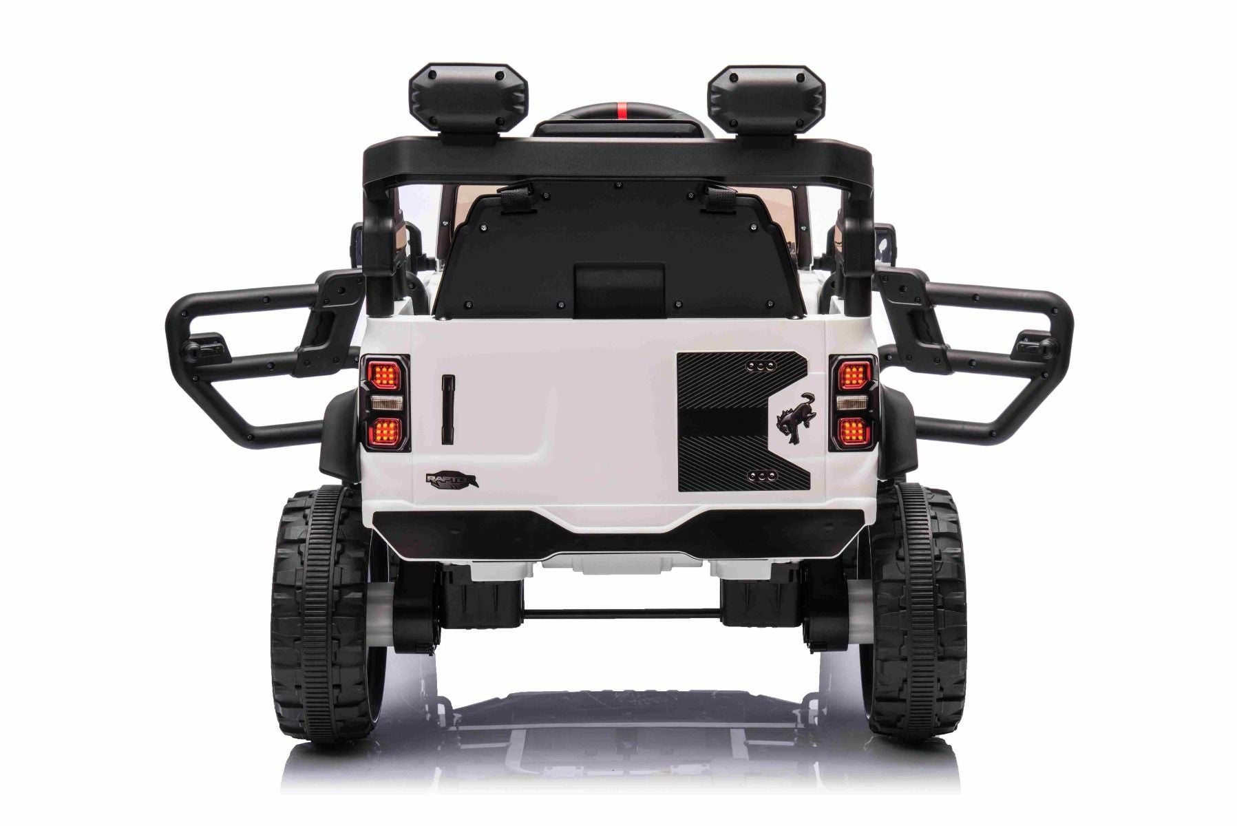 Voiture électrique Ford Bronco avec traction arrière, sous licence (siège unique), blanche, batterie lithium, haute garde au sol, siège large, suspension de l'essieu arrière, télécommande 2,4 GHz, lecteur MP3 avec entrée USB, feux LED.