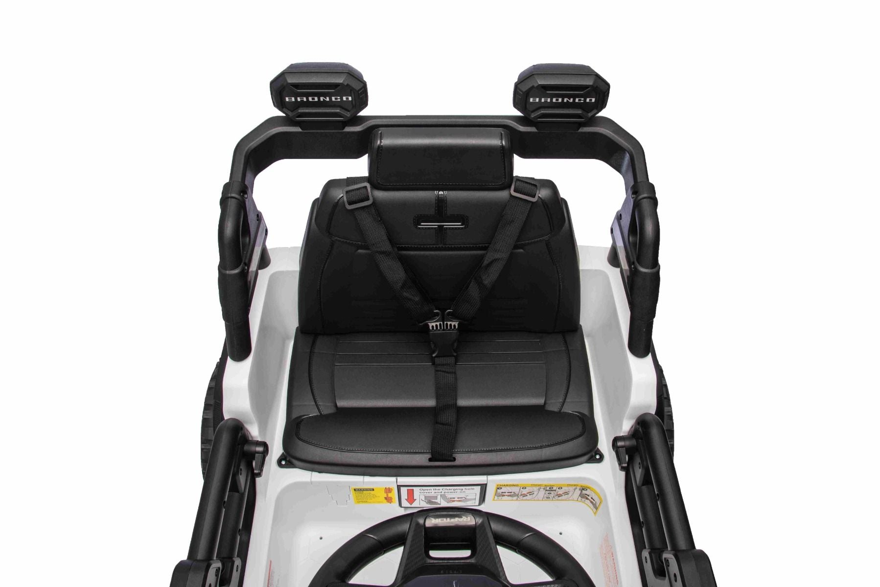 Voiture électrique Ford Bronco avec traction arrière, sous licence (siège unique), blanche, batterie lithium, haute garde au sol, siège large, suspension de l'essieu arrière, télécommande 2,4 GHz, lecteur MP3 avec entrée USB, feux LED.