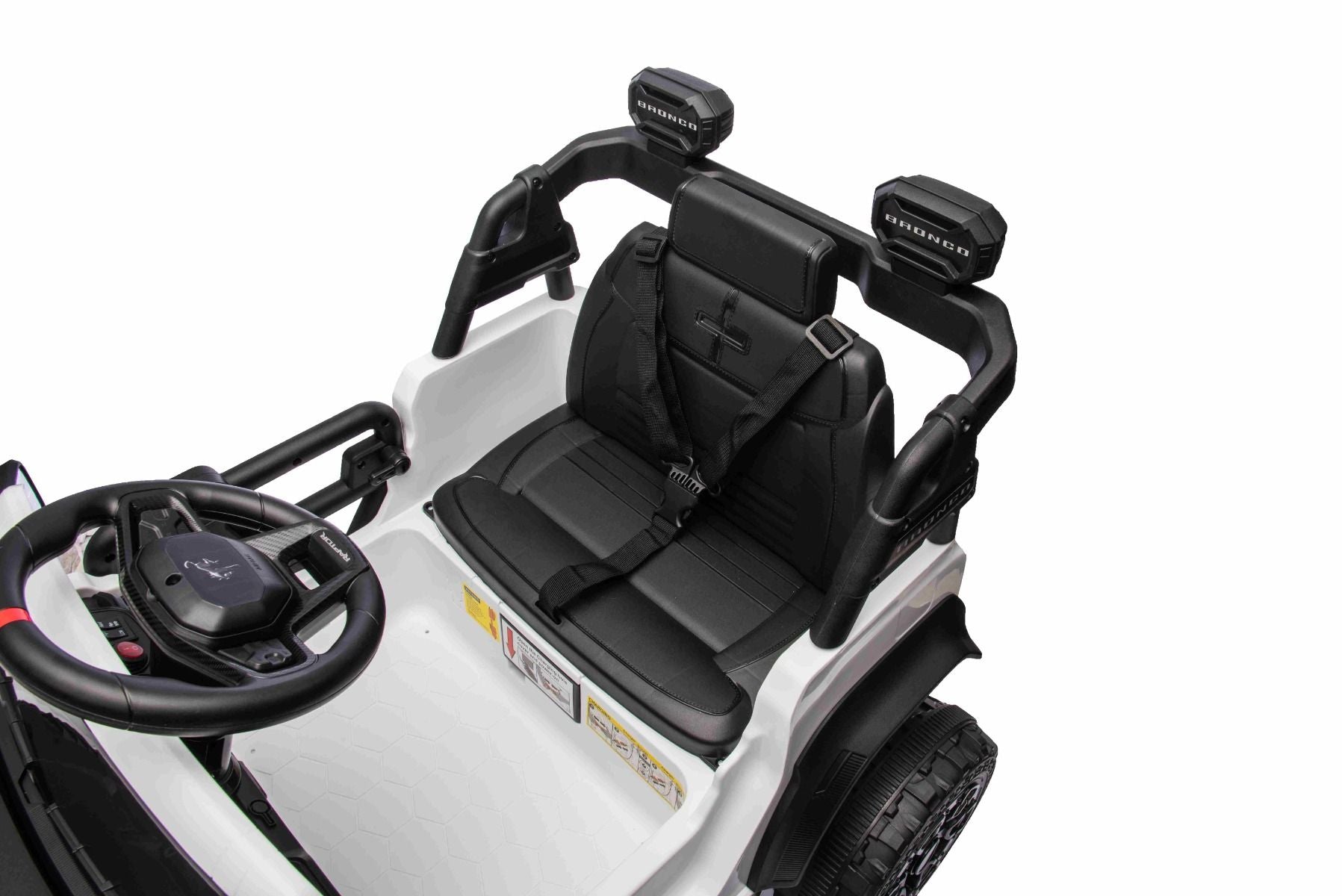 Voiture électrique Ford Bronco avec traction arrière, sous licence (siège unique), blanche, batterie lithium, haute garde au sol, siège large, suspension de l'essieu arrière, télécommande 2,4 GHz, lecteur MP3 avec entrée USB, feux LED.