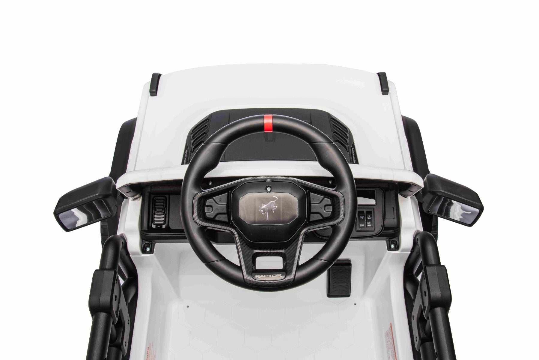 Voiture électrique Ford Bronco avec traction arrière, sous licence (siège unique), blanche, batterie lithium, haute garde au sol, siège large, suspension de l'essieu arrière, télécommande 2,4 GHz, lecteur MP3 avec entrée USB, feux LED.