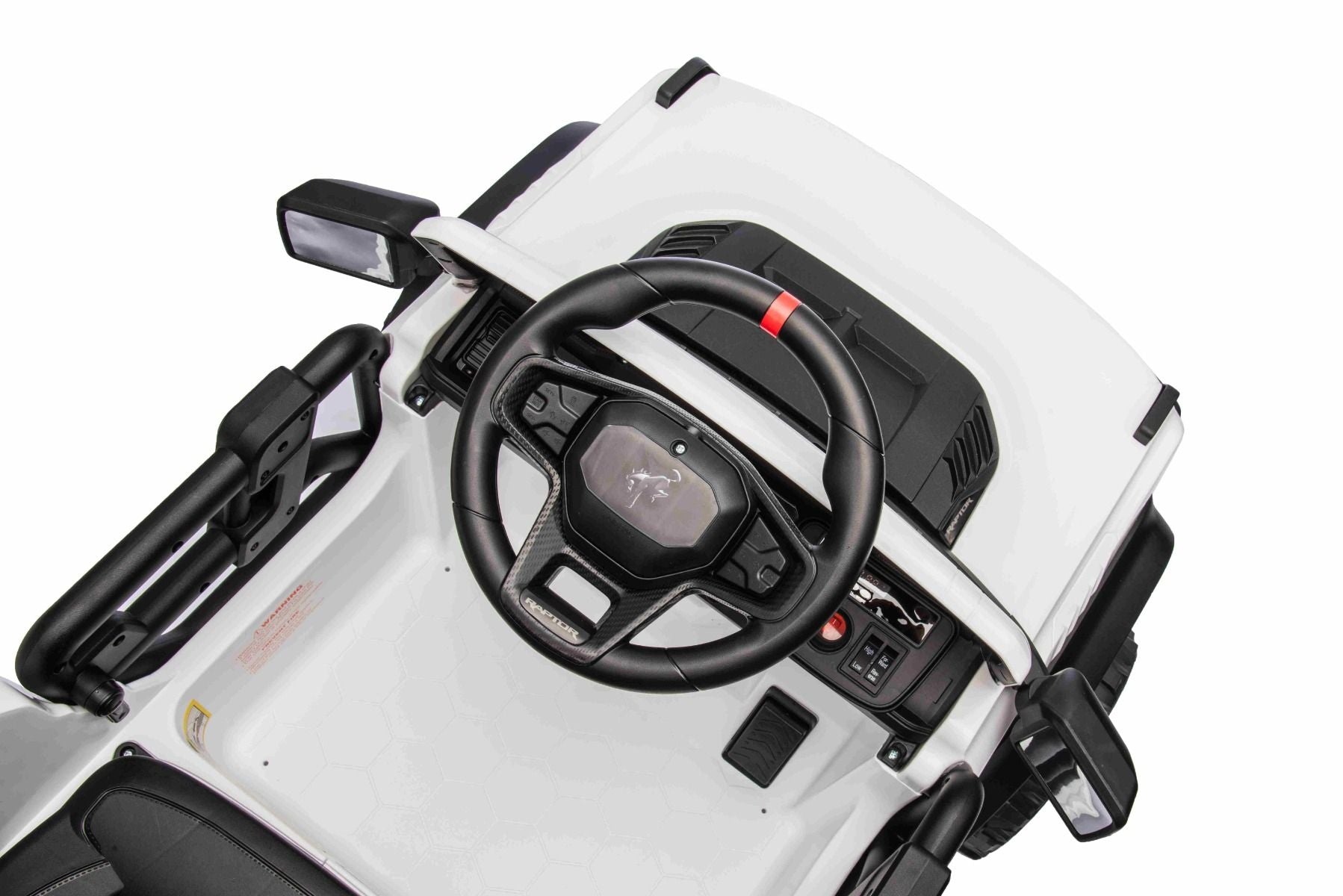 Voiture électrique Ford Bronco avec traction arrière, sous licence (siège unique), blanche, batterie lithium, haute garde au sol, siège large, suspension de l'essieu arrière, télécommande 2,4 GHz, lecteur MP3 avec entrée USB, feux LED.