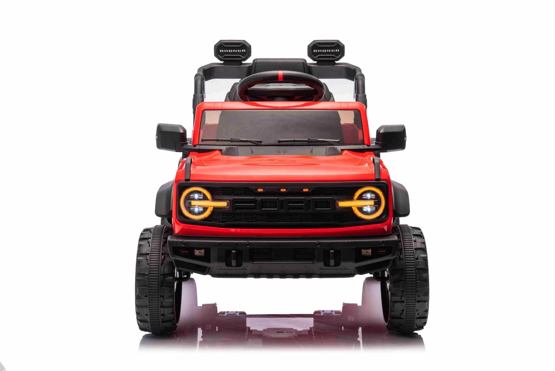 Voiture électrique Ford Bronco avec traction arrière, sous licence (siège unique), rouge, batterie lithium, haute garde au sol, siège large, suspension de l'essieu arrière, télécommande 2,4 GHz, lecteur MP3 avec entrée USB, feux LED.