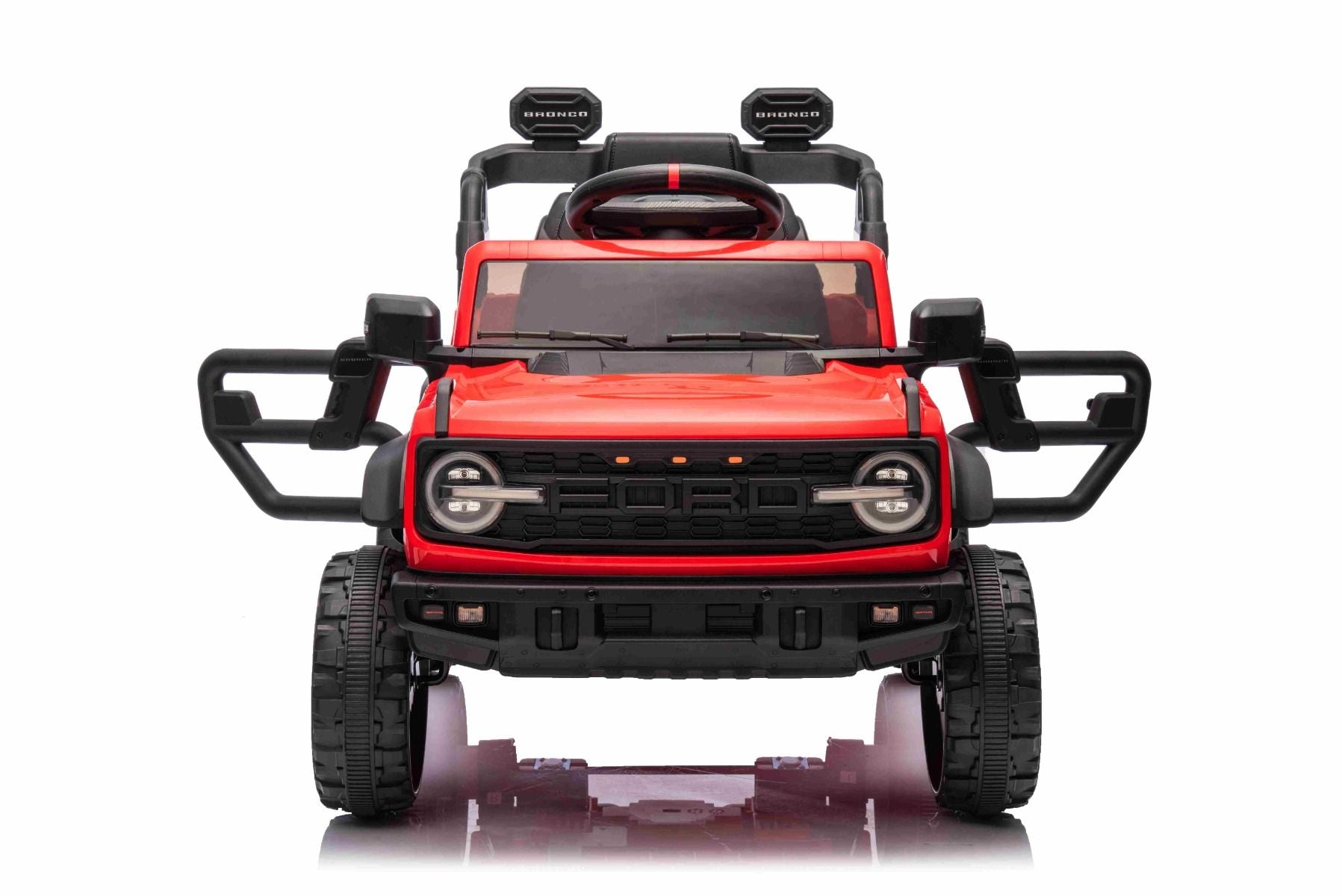 Voiture électrique Ford Bronco avec traction arrière, sous licence (siège unique), rouge, batterie lithium, haute garde au sol, siège large, suspension de l'essieu arrière, télécommande 2,4 GHz, lecteur MP3 avec entrée USB, feux LED.