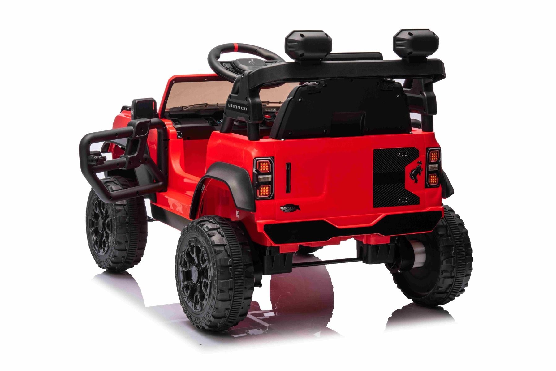 Voiture électrique Ford Bronco avec traction arrière, sous licence (siège unique), rouge, batterie lithium, haute garde au sol, siège large, suspension de l'essieu arrière, télécommande 2,4 GHz, lecteur MP3 avec entrée USB, feux LED.