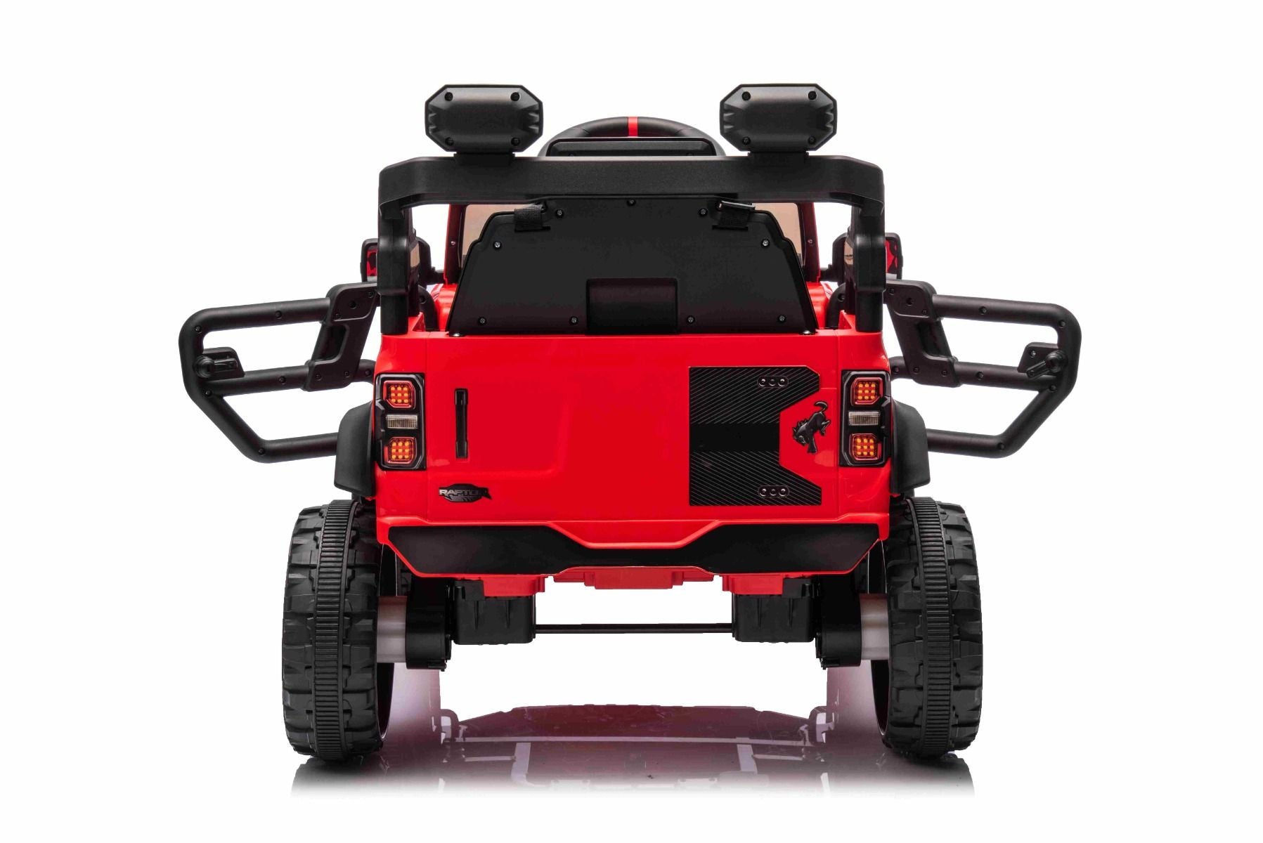 Voiture électrique Ford Bronco avec traction arrière, sous licence (siège unique), rouge, batterie lithium, haute garde au sol, siège large, suspension de l'essieu arrière, télécommande 2,4 GHz, lecteur MP3 avec entrée USB, feux LED.