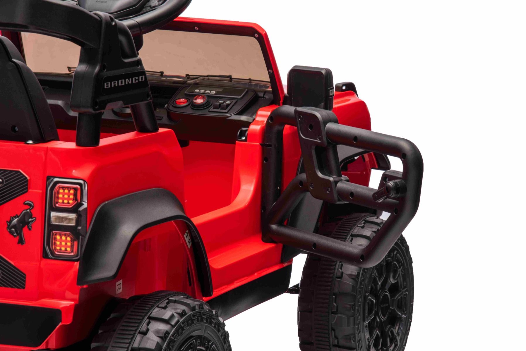 Voiture électrique Ford Bronco avec traction arrière, sous licence (siège unique), rouge, batterie lithium, haute garde au sol, siège large, suspension de l'essieu arrière, télécommande 2,4 GHz, lecteur MP3 avec entrée USB, feux LED.