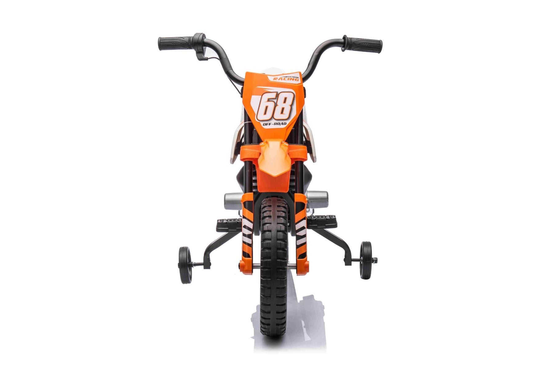 MOTOCROSS électrique pour enfants, Orange, Batterie 12V, Roues souples EVA, Siège en cuir, Moteur 2 x 25W, Suspension, Cadre en métal, Lecteur MP3 avec Bluetooth, roues auxiliaires