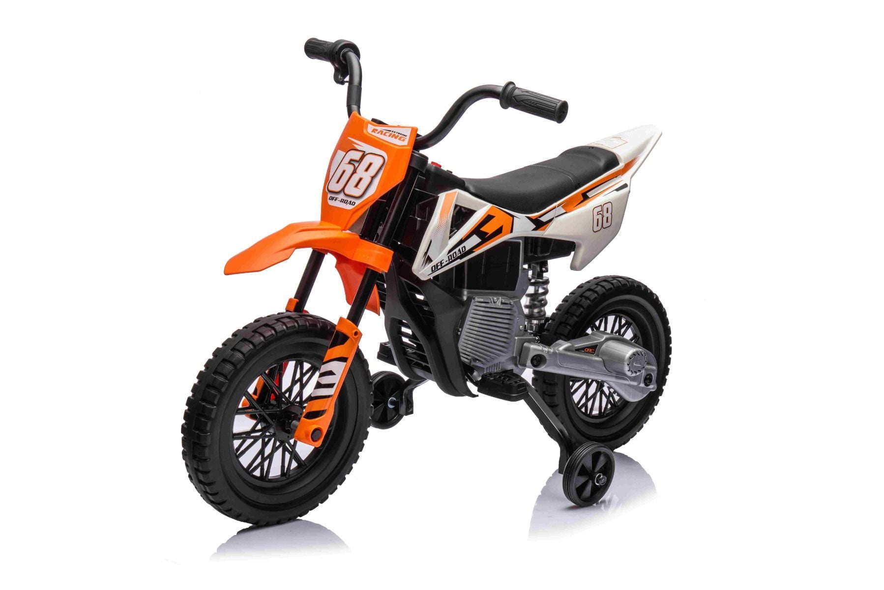 MOTOCROSS électrique pour enfants, Orange, Batterie 12V, Roues souples EVA, Siège en cuir, Moteur 2 x 25W, Suspension, Cadre en métal, Lecteur MP3 avec Bluetooth, roues auxiliaires