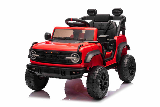 Voiture électrique Ford Bronco avec traction arrière, sous licence (siège unique), rouge, batterie lithium, haute garde au sol, siège large, suspension de l'essieu arrière, télécommande 2,4 GHz, lecteur MP3 avec entrée USB, feux LED.