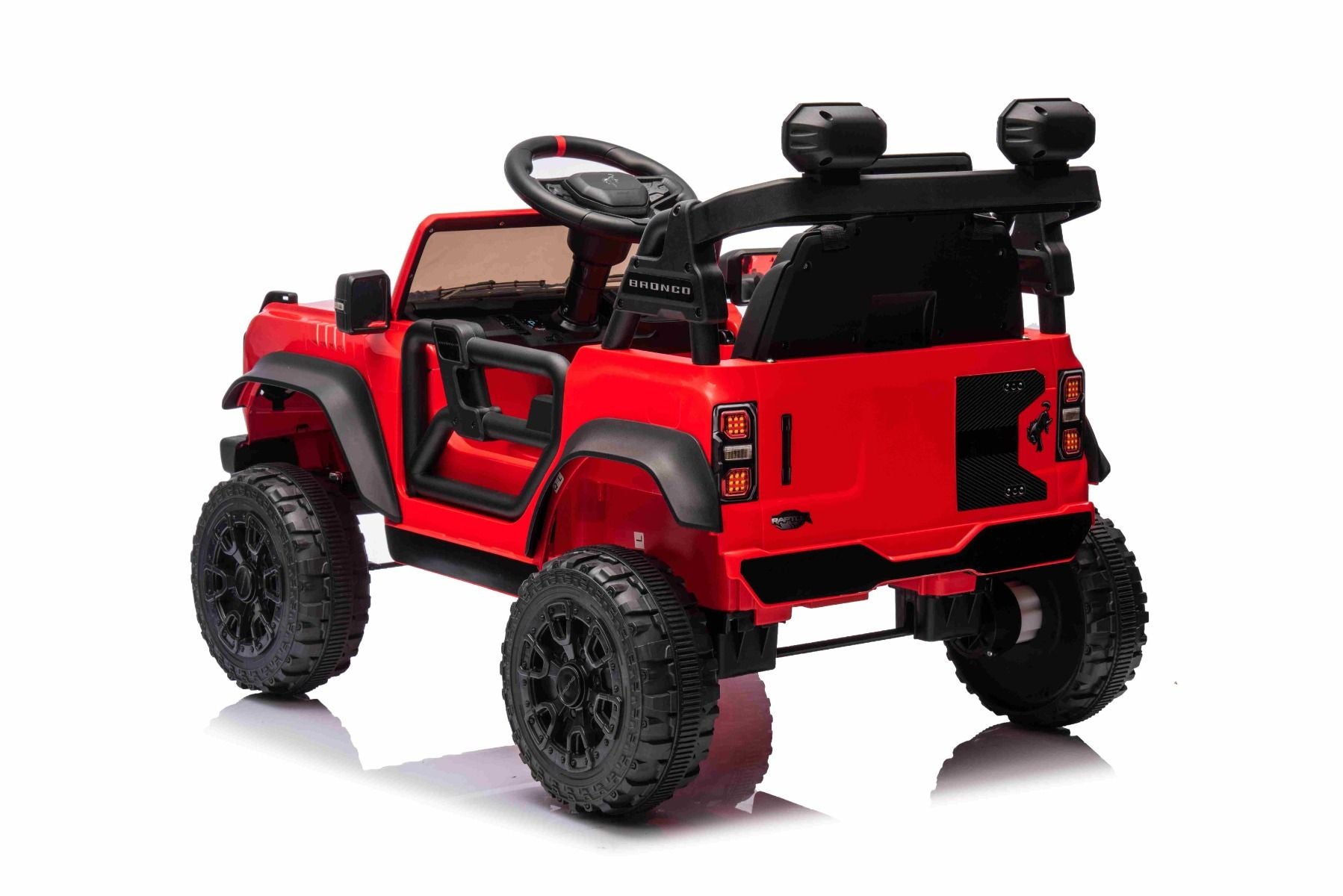 Voiture électrique Ford Bronco avec traction arrière, sous licence (siège unique), rouge, batterie lithium, haute garde au sol, siège large, suspension de l'essieu arrière, télécommande 2,4 GHz, lecteur MP3 avec entrée USB, feux LED.