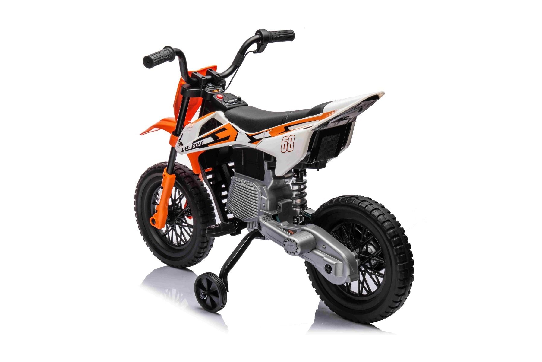 MOTOCROSS électrique pour enfants, Orange, Batterie 12V, Roues souples EVA, Siège en cuir, Moteur 2 x 25W, Suspension, Cadre en métal, Lecteur MP3 avec Bluetooth, roues auxiliaires