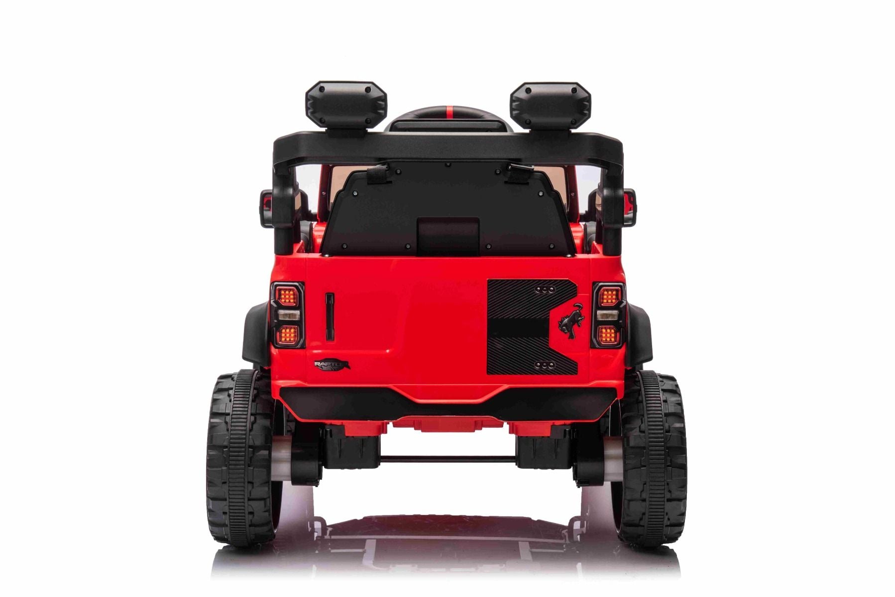 Voiture électrique Ford Bronco avec traction arrière, sous licence (siège unique), rouge, batterie lithium, haute garde au sol, siège large, suspension de l'essieu arrière, télécommande 2,4 GHz, lecteur MP3 avec entrée USB, feux LED.