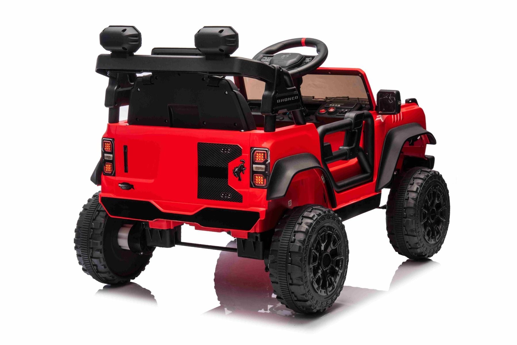 Voiture électrique Ford Bronco avec traction arrière, sous licence (siège unique), rouge, batterie lithium, haute garde au sol, siège large, suspension de l'essieu arrière, télécommande 2,4 GHz, lecteur MP3 avec entrée USB, feux LED.