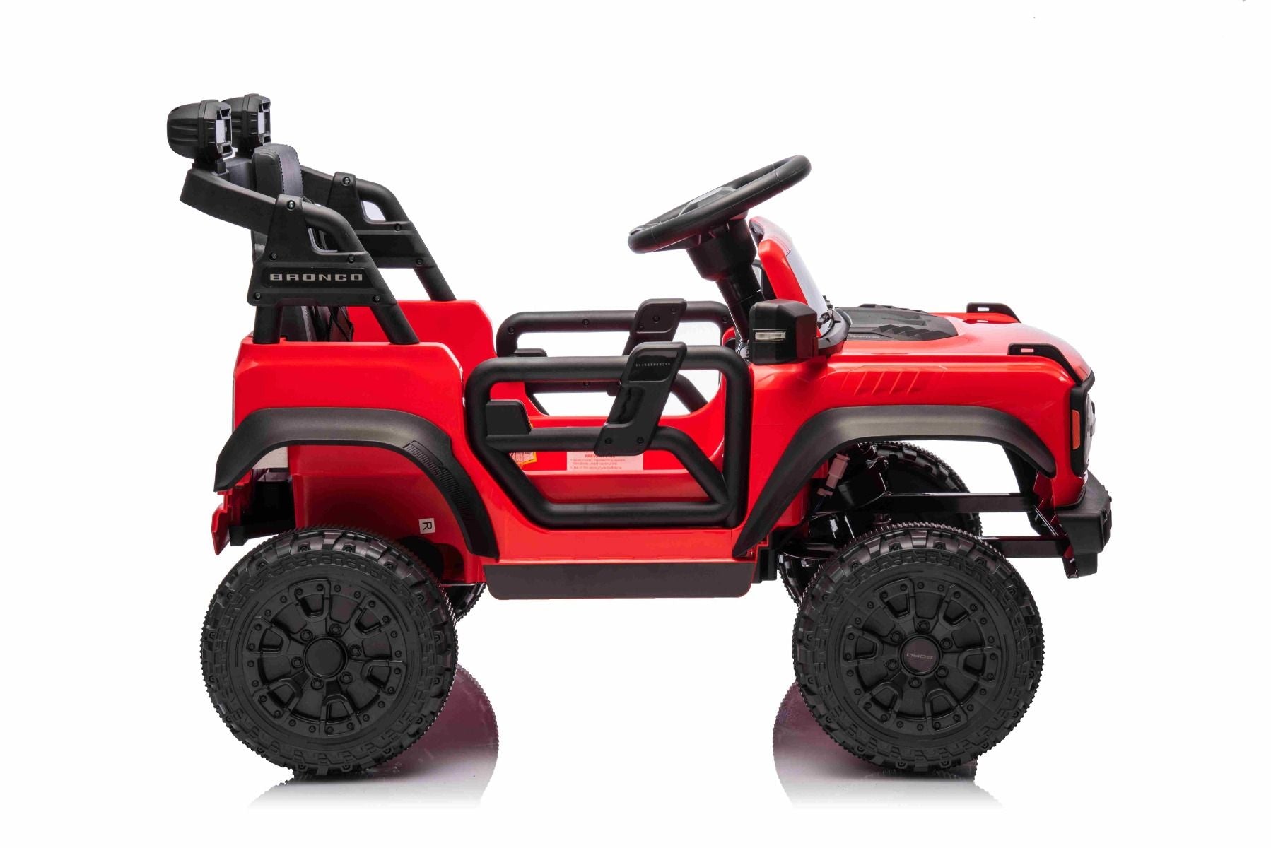 Voiture électrique Ford Bronco avec traction arrière, sous licence (siège unique), rouge, batterie lithium, haute garde au sol, siège large, suspension de l'essieu arrière, télécommande 2,4 GHz, lecteur MP3 avec entrée USB, feux LED.
