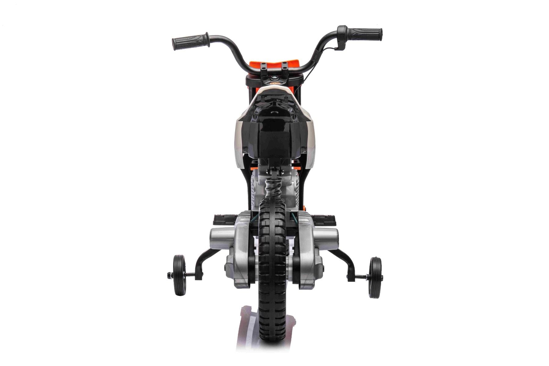 MOTOCROSS électrique pour enfants, Orange, Batterie 12V, Roues souples EVA, Siège en cuir, Moteur 2 x 25W, Suspension, Cadre en métal, Lecteur MP3 avec Bluetooth, roues auxiliaires