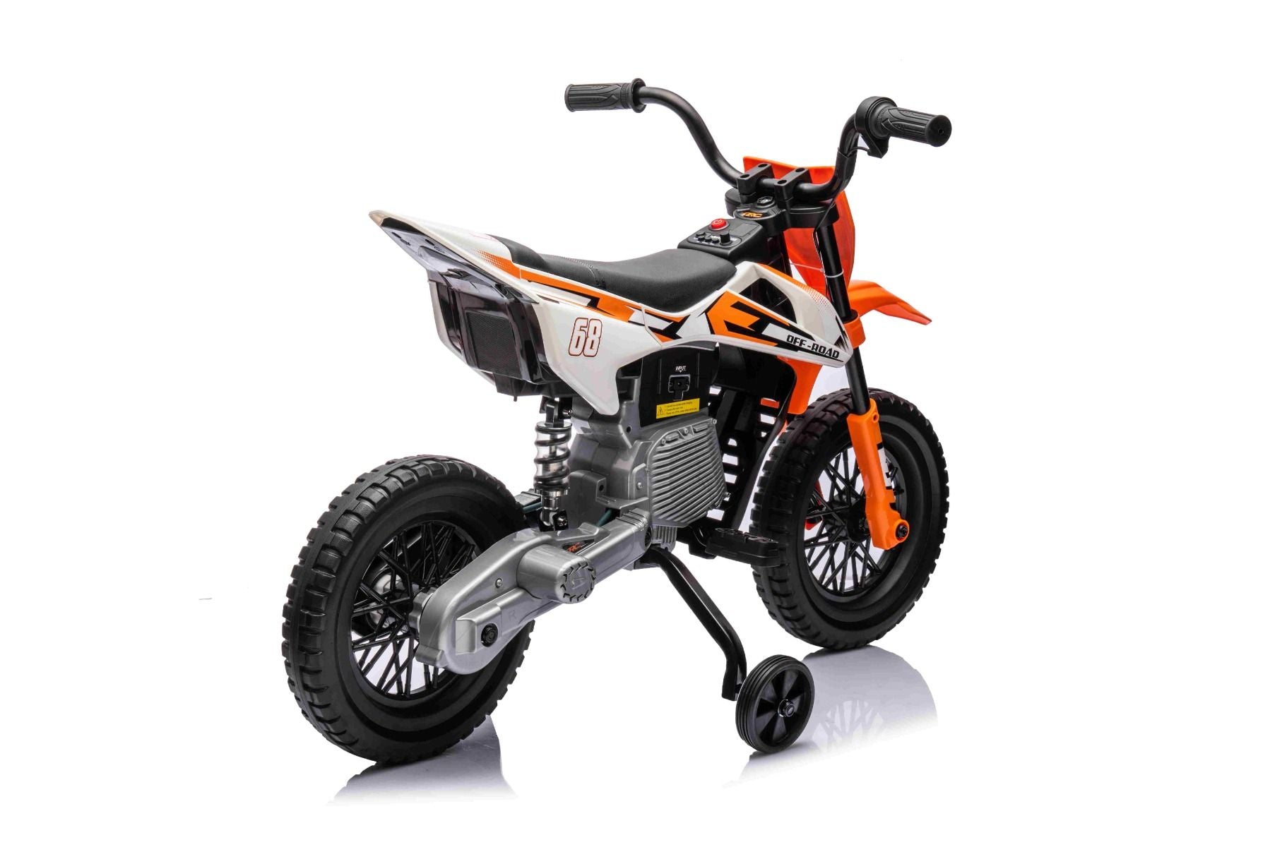 MOTOCROSS électrique pour enfants, Orange, Batterie 12V, Roues souples EVA, Siège en cuir, Moteur 2 x 25W, Suspension, Cadre en métal, Lecteur MP3 avec Bluetooth, roues auxiliaires