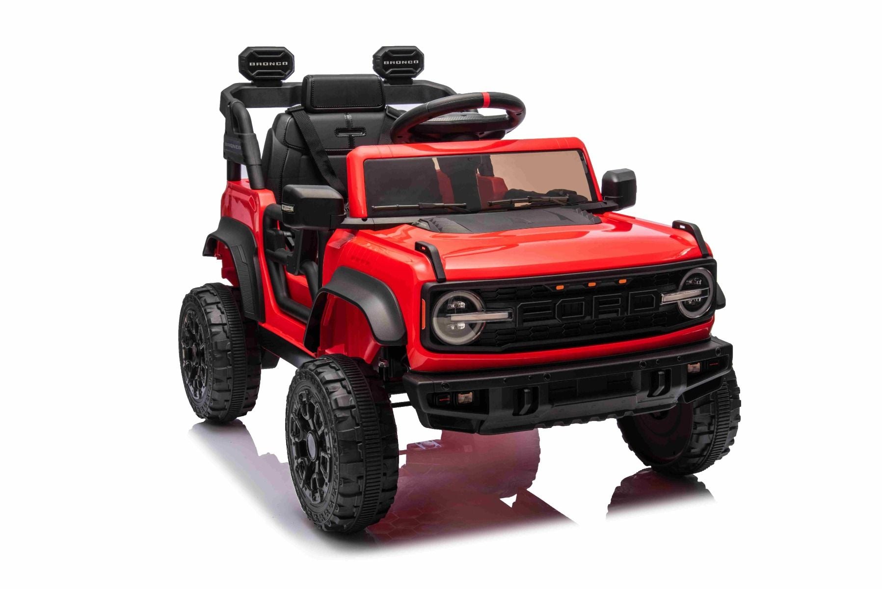 Voiture électrique Ford Bronco avec traction arrière, sous licence (siège unique), rouge, batterie lithium, haute garde au sol, siège large, suspension de l'essieu arrière, télécommande 2,4 GHz, lecteur MP3 avec entrée USB, feux LED.
