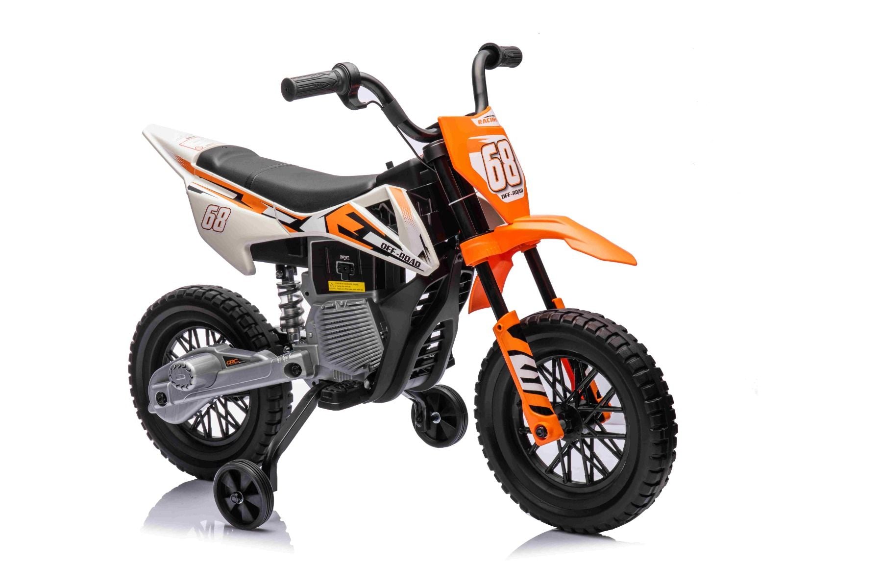 MOTOCROSS électrique pour enfants, Orange, Batterie 12V, Roues souples EVA, Siège en cuir, Moteur 2 x 25W, Suspension, Cadre en métal, Lecteur MP3 avec Bluetooth, roues auxiliaires