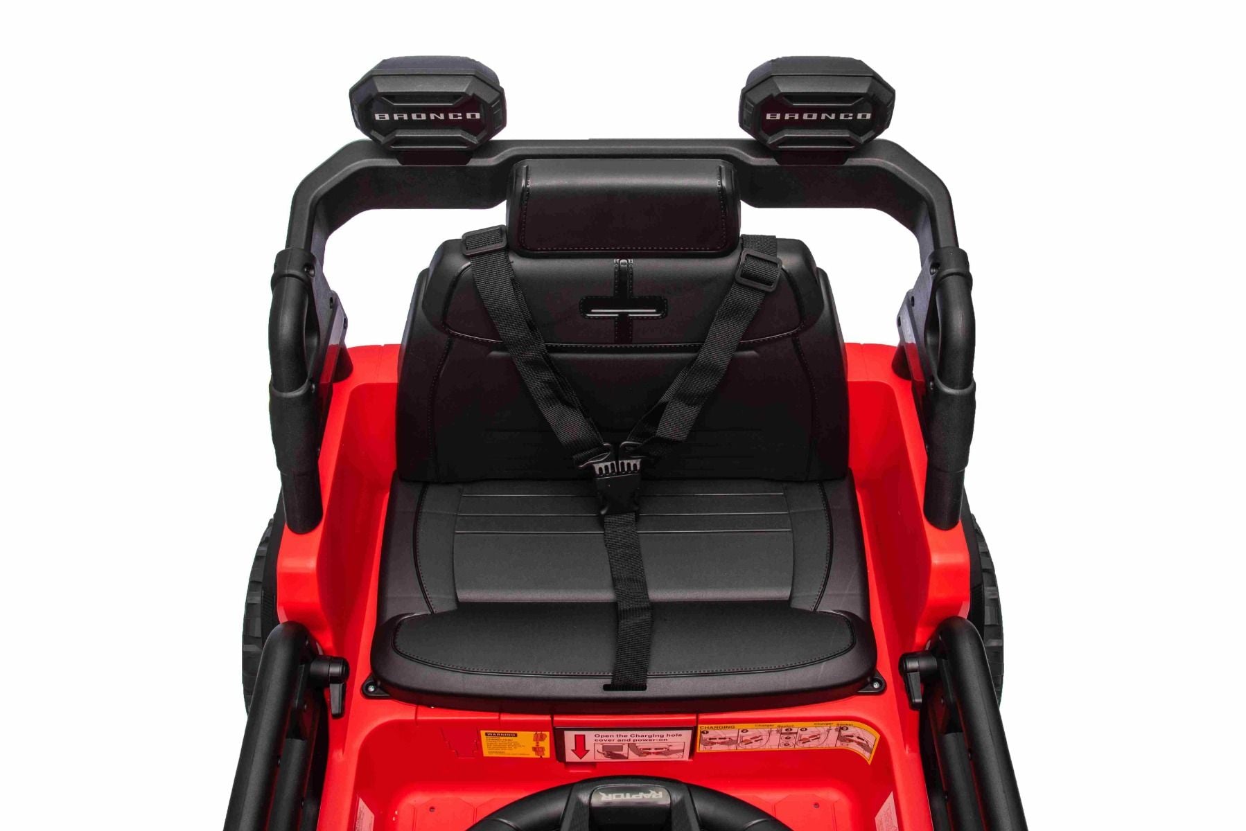 Voiture électrique Ford Bronco avec traction arrière, sous licence (siège unique), rouge, batterie lithium, haute garde au sol, siège large, suspension de l'essieu arrière, télécommande 2,4 GHz, lecteur MP3 avec entrée USB, feux LED.