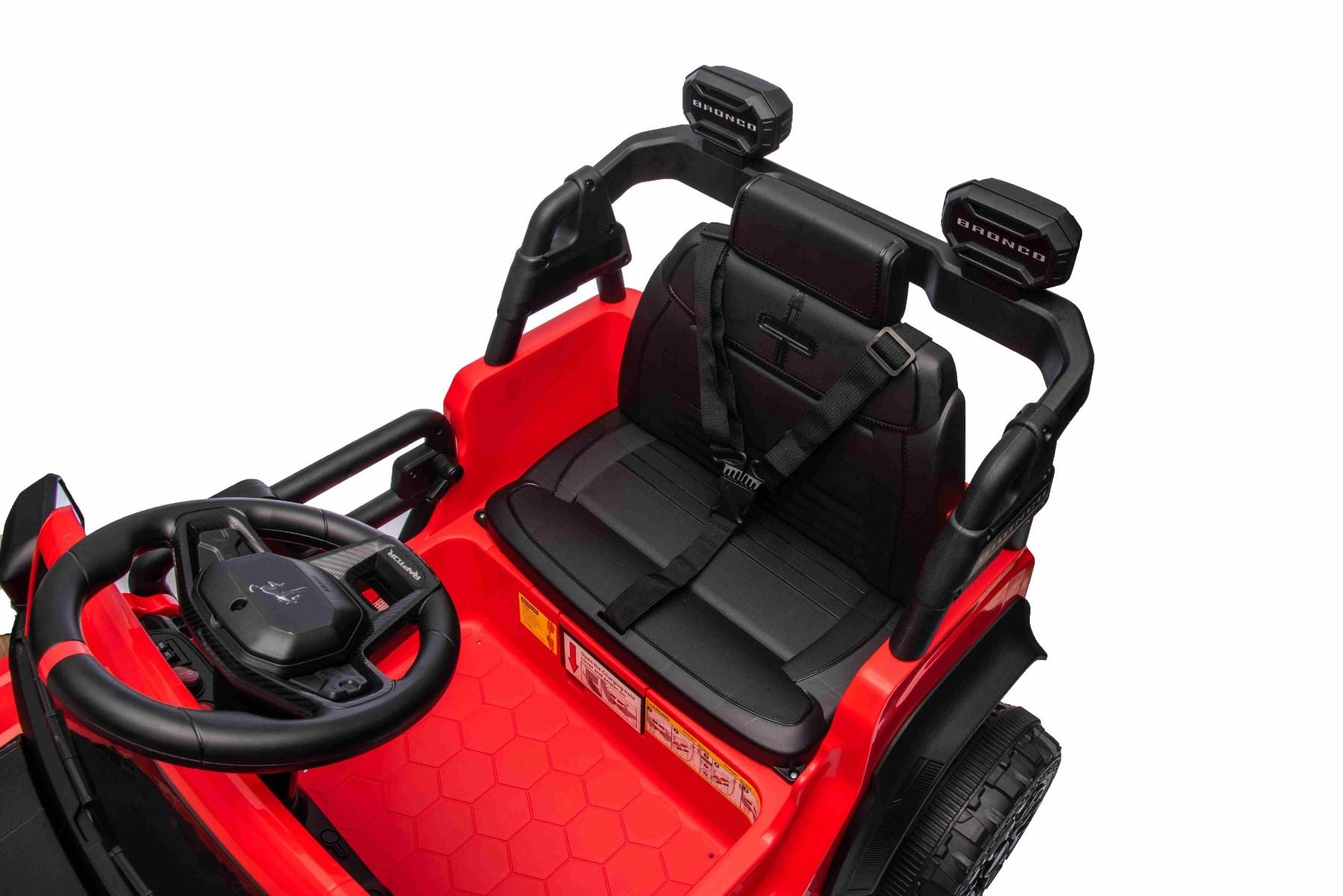 Voiture électrique Ford Bronco avec traction arrière, sous licence (siège unique), rouge, batterie lithium, haute garde au sol, siège large, suspension de l'essieu arrière, télécommande 2,4 GHz, lecteur MP3 avec entrée USB, feux LED.