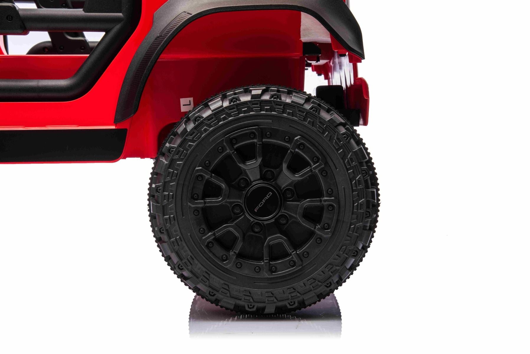 Voiture électrique Ford Bronco avec traction arrière, sous licence (siège unique), rouge, batterie lithium, haute garde au sol, siège large, suspension de l'essieu arrière, télécommande 2,4 GHz, lecteur MP3 avec entrée USB, feux LED.