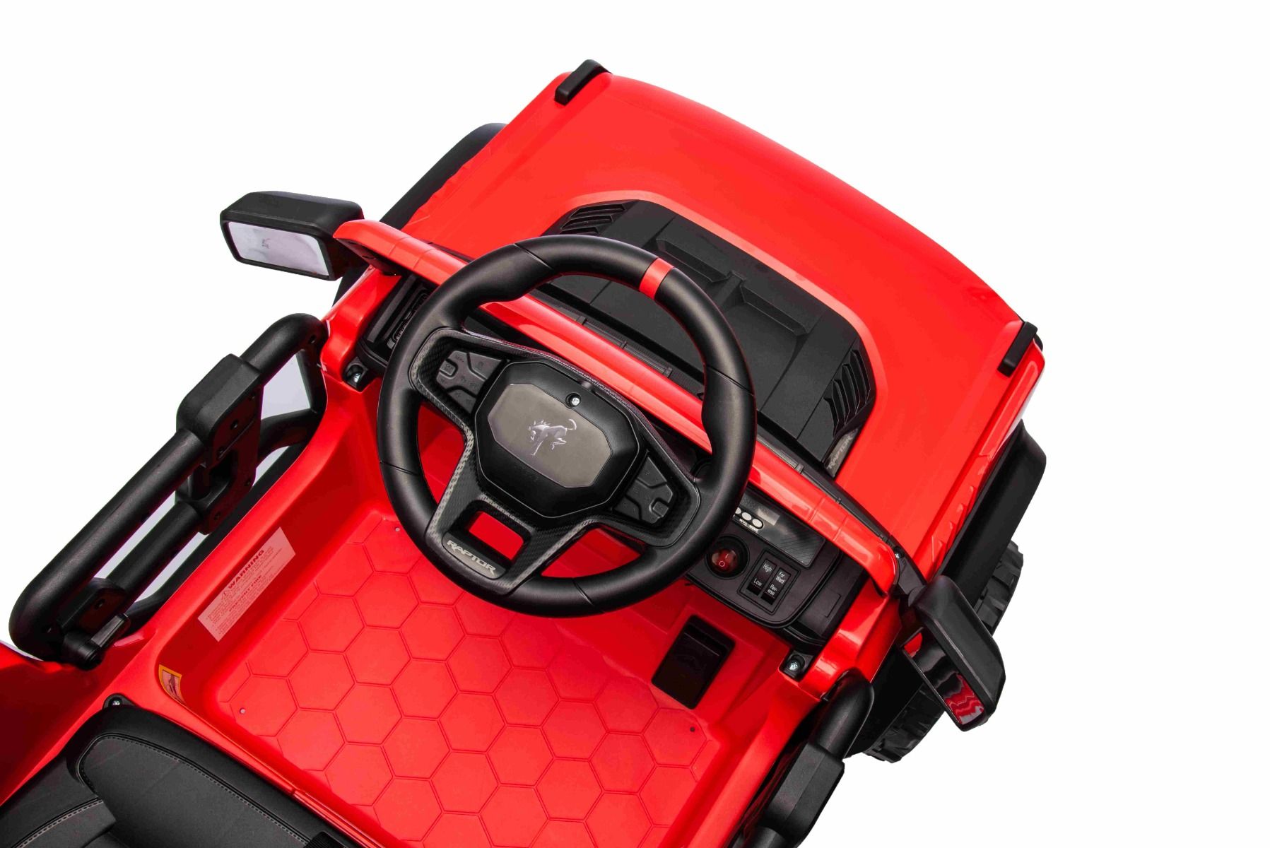 Voiture électrique Ford Bronco avec traction arrière, sous licence (siège unique), rouge, batterie lithium, haute garde au sol, siège large, suspension de l'essieu arrière, télécommande 2,4 GHz, lecteur MP3 avec entrée USB, feux LED.