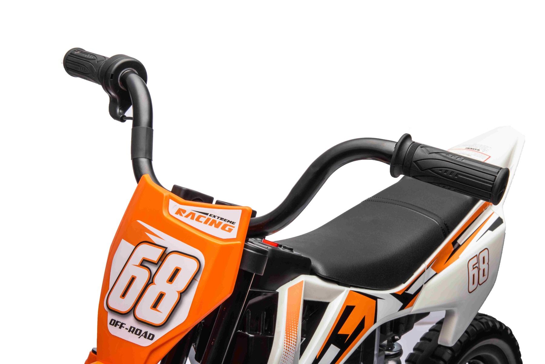 MOTOCROSS électrique pour enfants, Orange, Batterie 12V, Roues souples EVA, Siège en cuir, Moteur 2 x 25W, Suspension, Cadre en métal, Lecteur MP3 avec Bluetooth, roues auxiliaires
