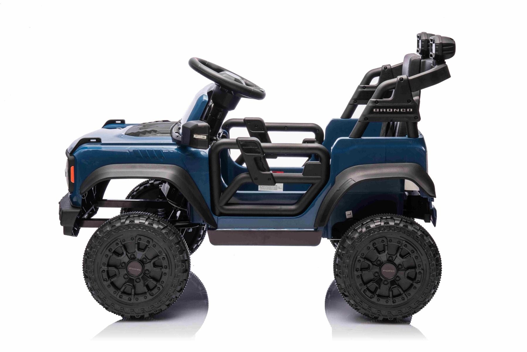 Voiture électrique Ford Bronco avec traction arrière, sous licence (siège unique), bleue, batterie lithium, haute garde au sol, siège large, suspension de l'essieu arrière, télécommande 2,4 GHz, lecteur MP3 avec entrée USB, feux LED