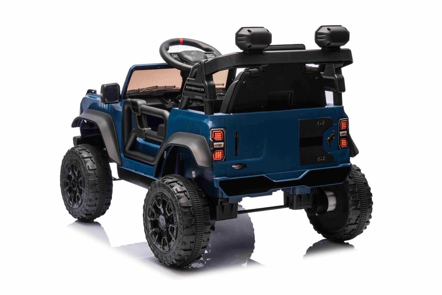 Voiture électrique Ford Bronco avec traction arrière, sous licence (siège unique), bleue, batterie lithium, haute garde au sol, siège large, suspension de l'essieu arrière, télécommande 2,4 GHz, lecteur MP3 avec entrée USB, feux LED