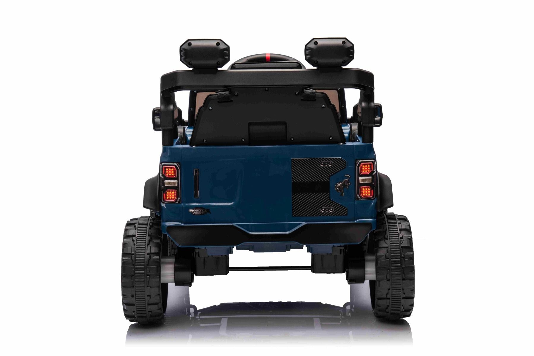 Voiture électrique Ford Bronco avec traction arrière, sous licence (siège unique), bleue, batterie lithium, haute garde au sol, siège large, suspension de l'essieu arrière, télécommande 2,4 GHz, lecteur MP3 avec entrée USB, feux LED