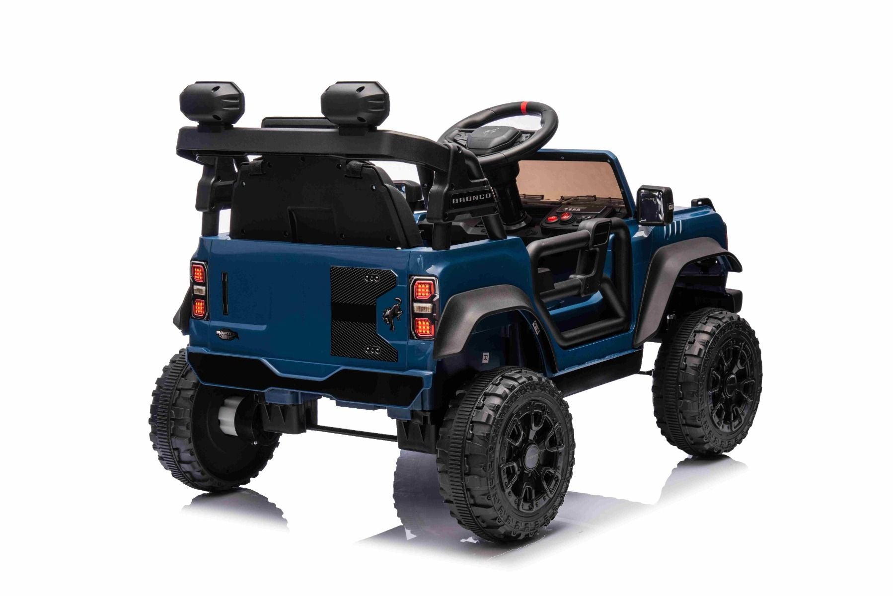 Voiture électrique Ford Bronco avec traction arrière, sous licence (siège unique), bleue, batterie lithium, haute garde au sol, siège large, suspension de l'essieu arrière, télécommande 2,4 GHz, lecteur MP3 avec entrée USB, feux LED