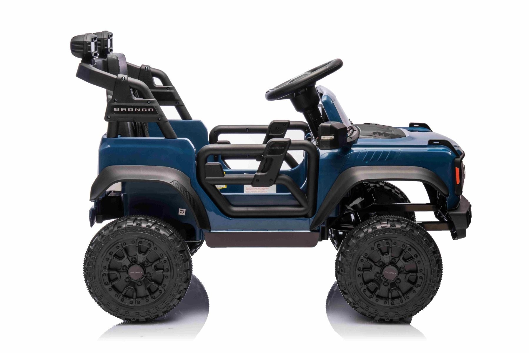 Voiture électrique Ford Bronco avec traction arrière, sous licence (siège unique), bleue, batterie lithium, haute garde au sol, siège large, suspension de l'essieu arrière, télécommande 2,4 GHz, lecteur MP3 avec entrée USB, feux LED