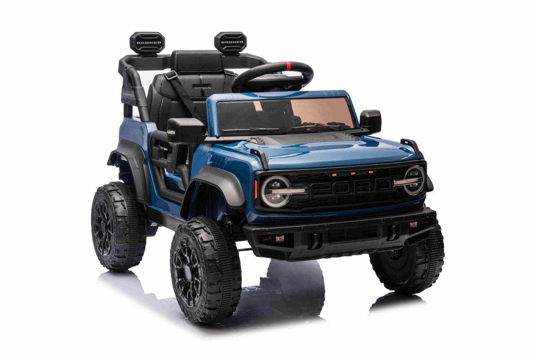 Voiture électrique Ford Bronco avec traction arrière, sous licence (siège unique), bleue, batterie lithium, haute garde au sol, siège large, suspension de l'essieu arrière, télécommande 2,4 GHz, lecteur MP3 avec entrée USB, feux LED