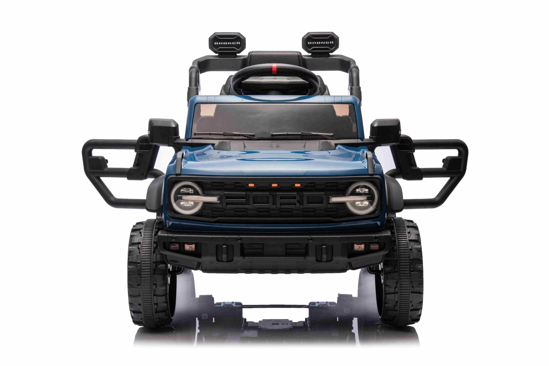 Voiture électrique Ford Bronco avec traction arrière, sous licence (siège unique), bleue, batterie lithium, haute garde au sol, siège large, suspension de l'essieu arrière, télécommande 2,4 GHz, lecteur MP3 avec entrée USB, feux LED