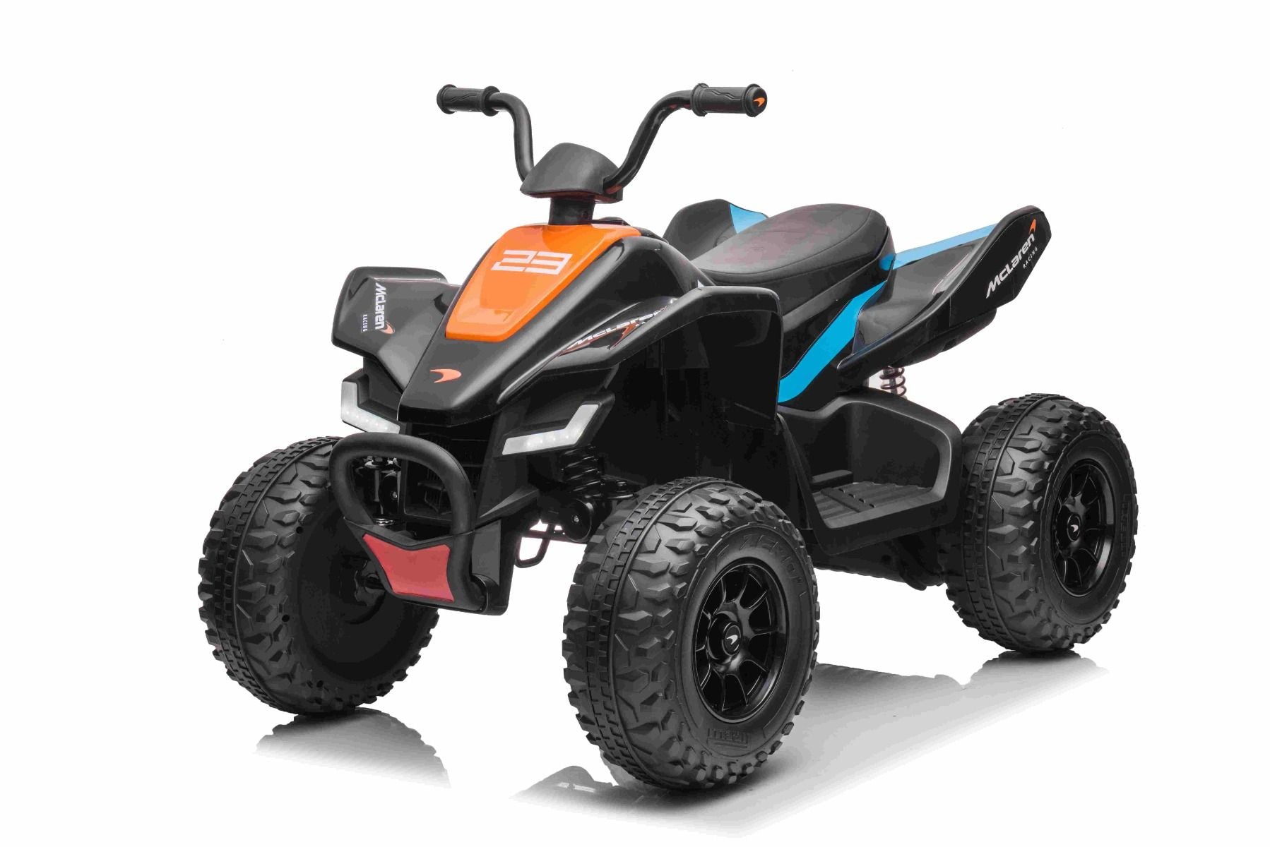 4x4 Quad électrique enfants 12V sous licence McLaren Racing MCL, noir, Roues EVA souples, TÉLÉCOMMANDE, Siège en similicuir, Suspension arrière, Moteur 4 x 35W, Lumières LED, Batterie 12V10Ah