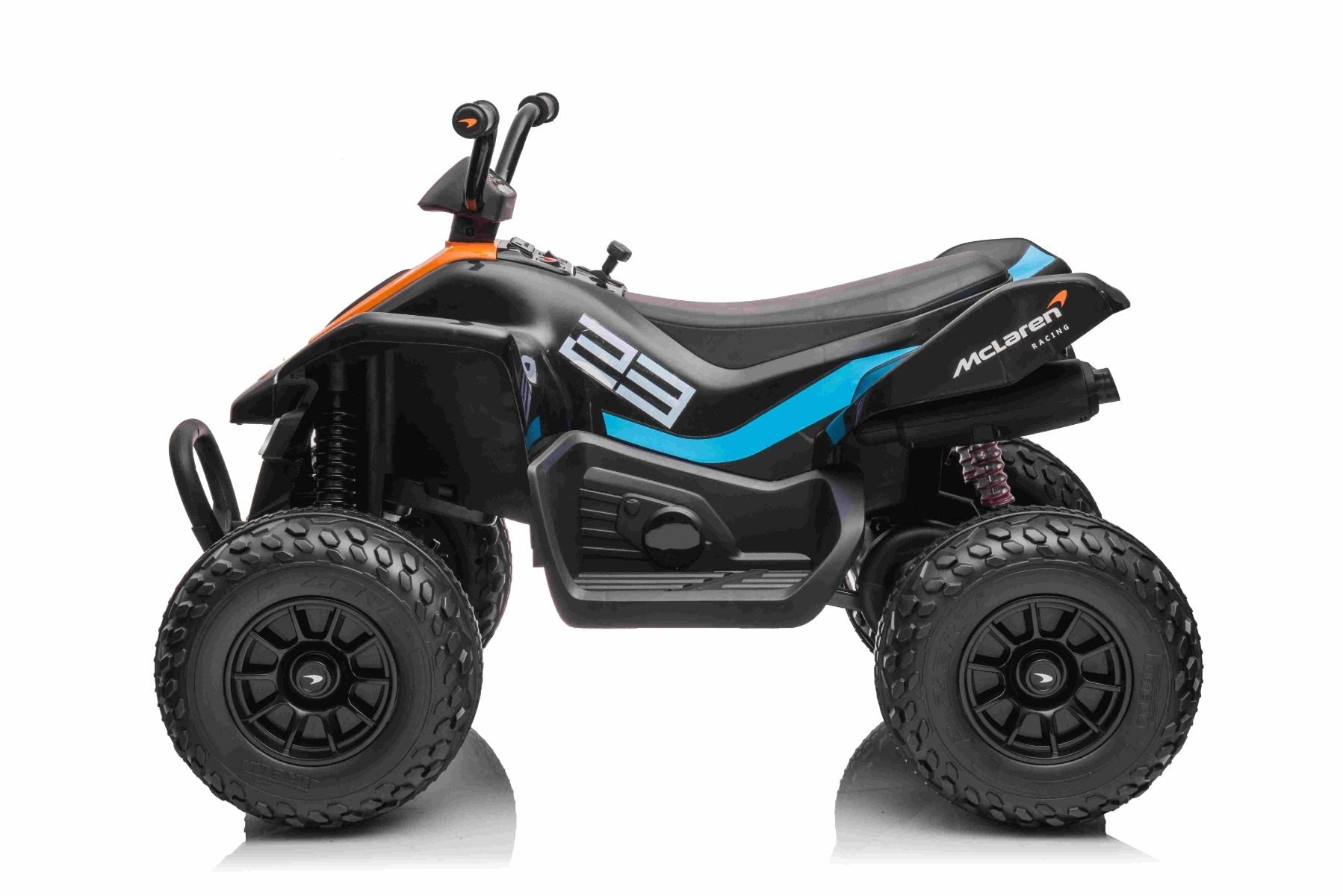 4x4 Quad électrique enfants 12V sous licence McLaren Racing MCL, noir, Roues EVA souples, TÉLÉCOMMANDE, Siège en similicuir, Suspension arrière, Moteur 4 x 35W, Lumières LED, Batterie 12V10Ah