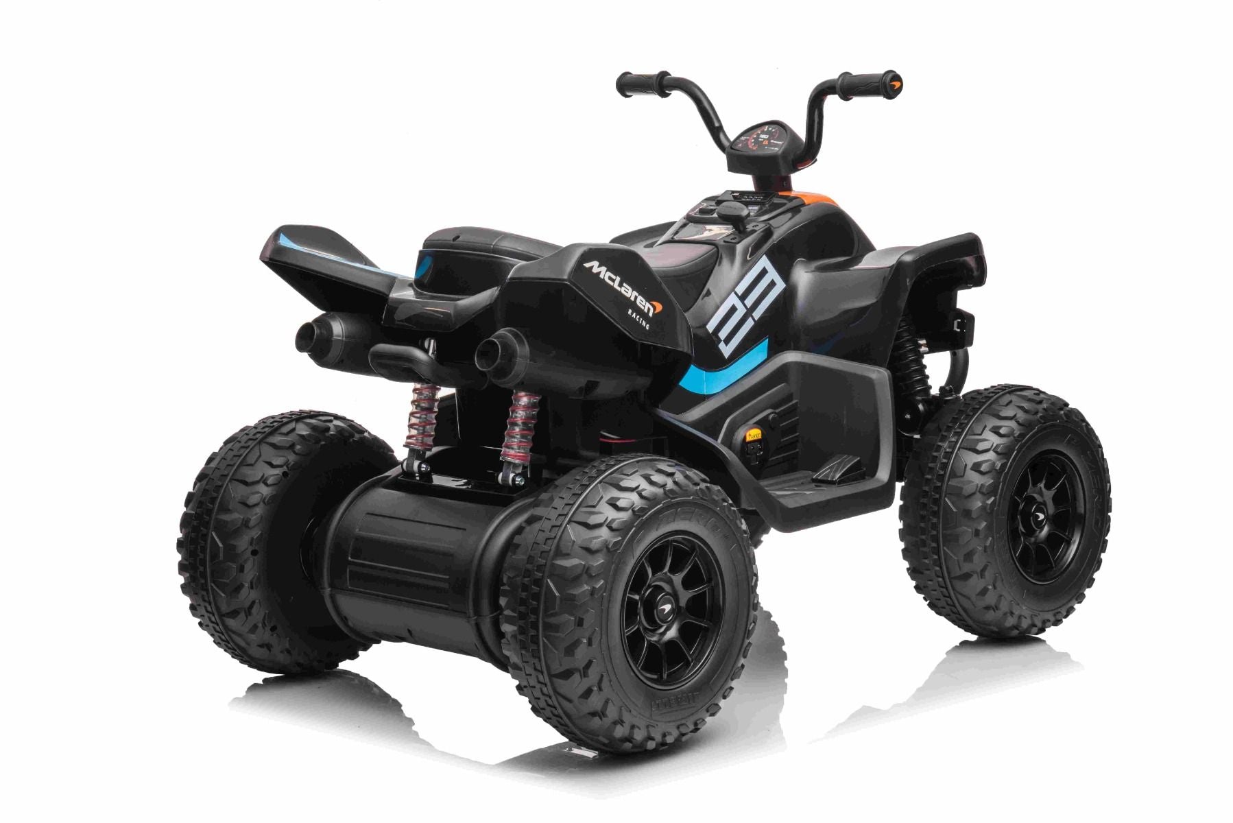 4x4 Quad électrique enfants 12V sous licence McLaren Racing MCL, noir, Roues EVA souples, TÉLÉCOMMANDE, Siège en similicuir, Suspension arrière, Moteur 4 x 35W, Lumières LED, Batterie 12V10Ah