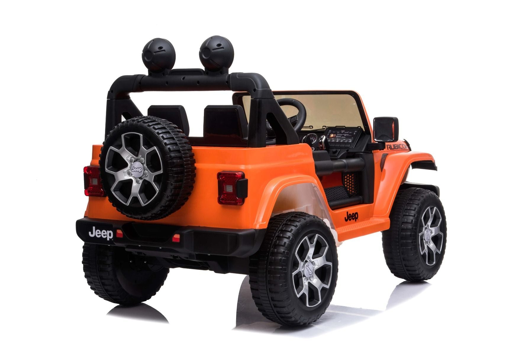 4x4 Voiture électrique pour enfants 12V JEEP Wrangler, Orange, Siège double en similicuir, Radio avec entrée Bluetooth et USB, Transmission 4x4, Batterie au lithium, Roues EVA, Essieux de suspension, Télécommande 2,4 GHz, Licence